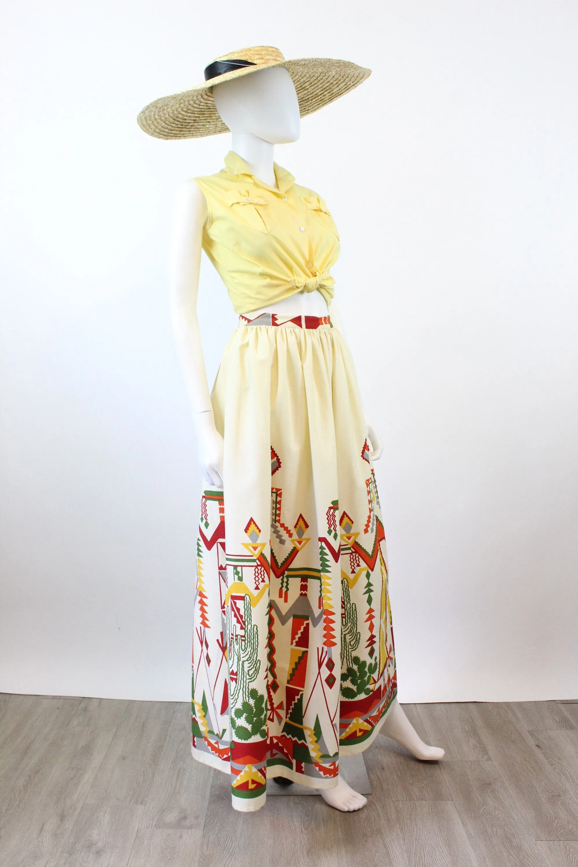 1950s CACTUS kachina doll print novelty maxi skirt small | new spring