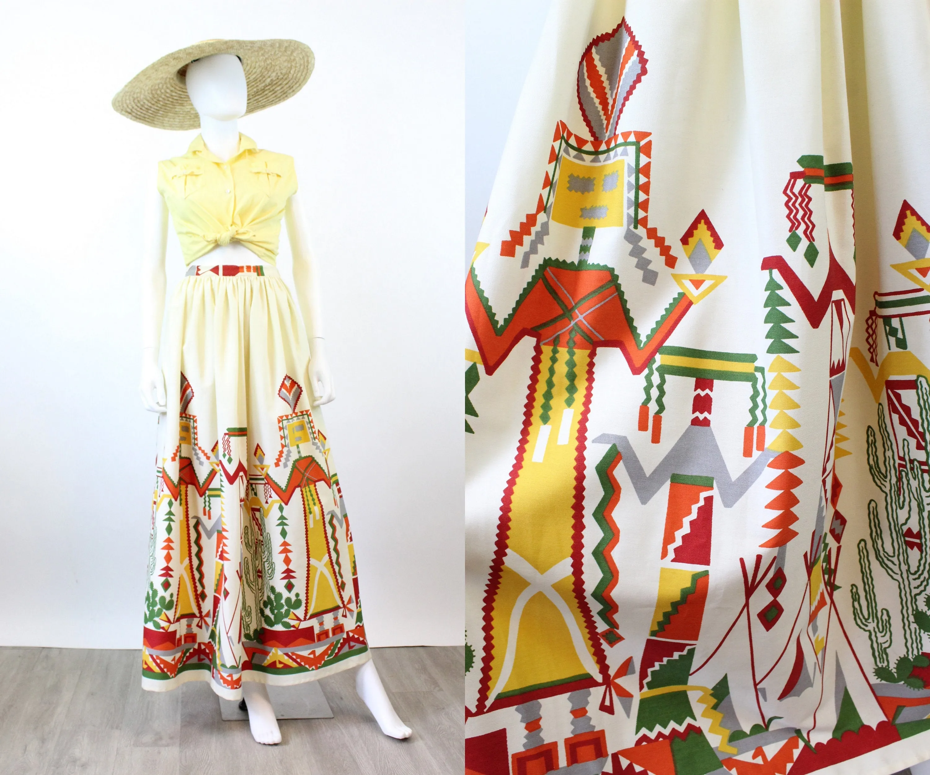1950s CACTUS kachina doll print novelty maxi skirt small | new spring