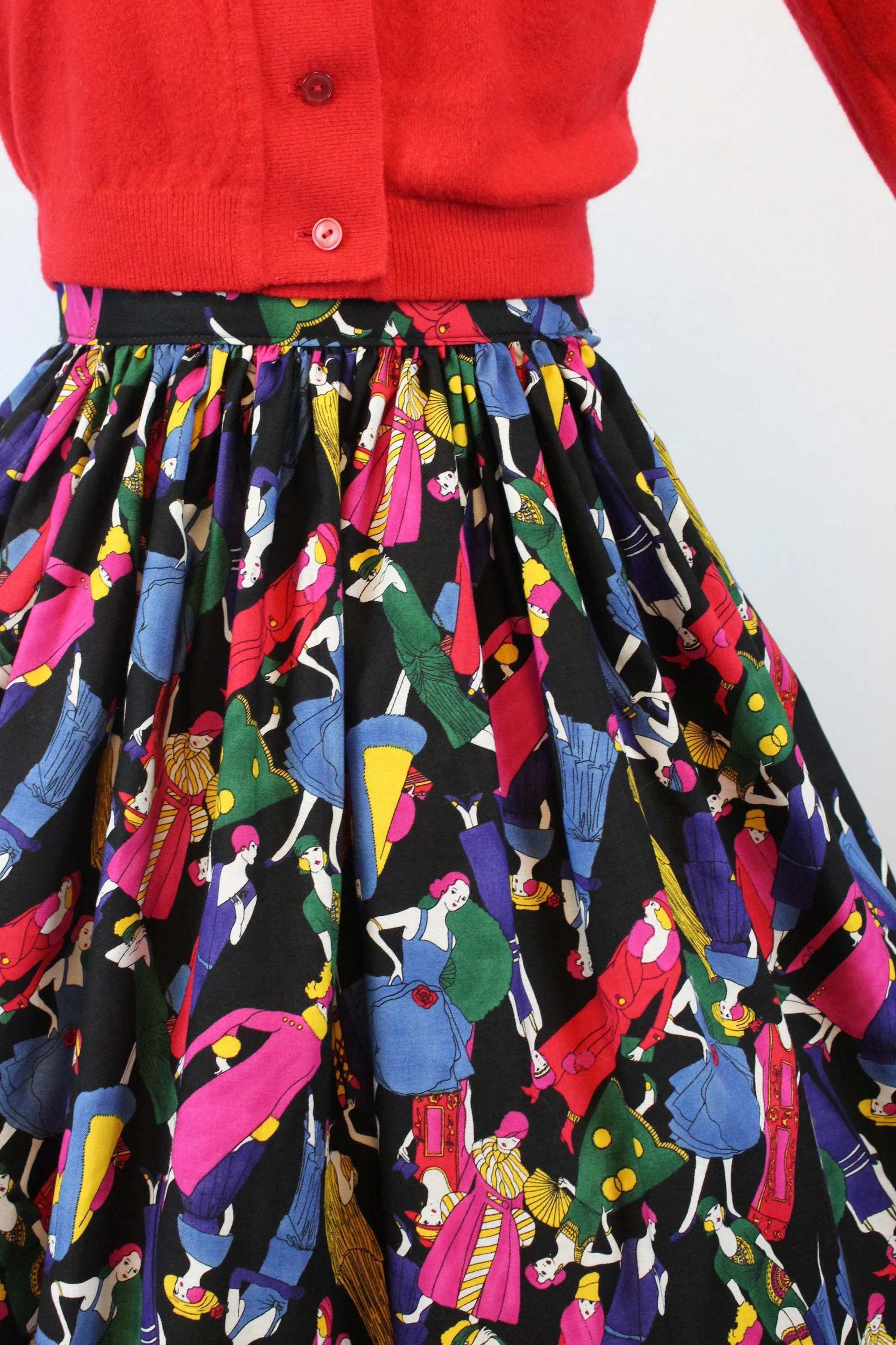 1960s FASHION FIGURES fabric art deco novelty print skirt xs | new spring summer