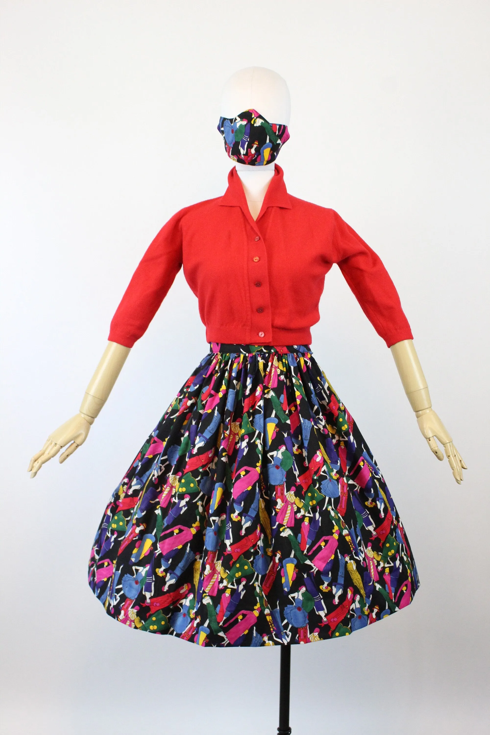 1960s FASHION FIGURES fabric art deco novelty print skirt xs | new spring summer