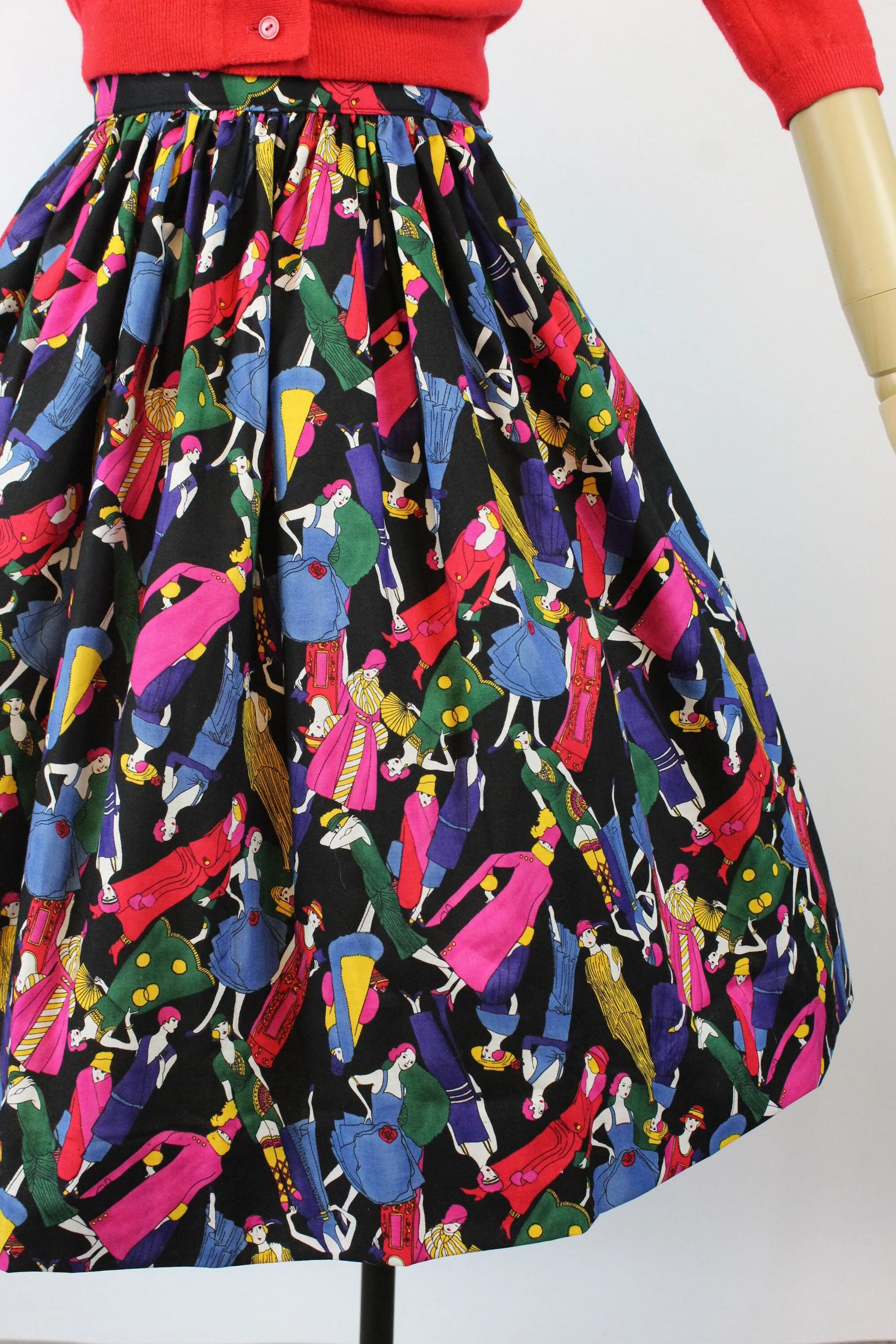 1960s FASHION FIGURES fabric art deco novelty print skirt xs | new spring summer