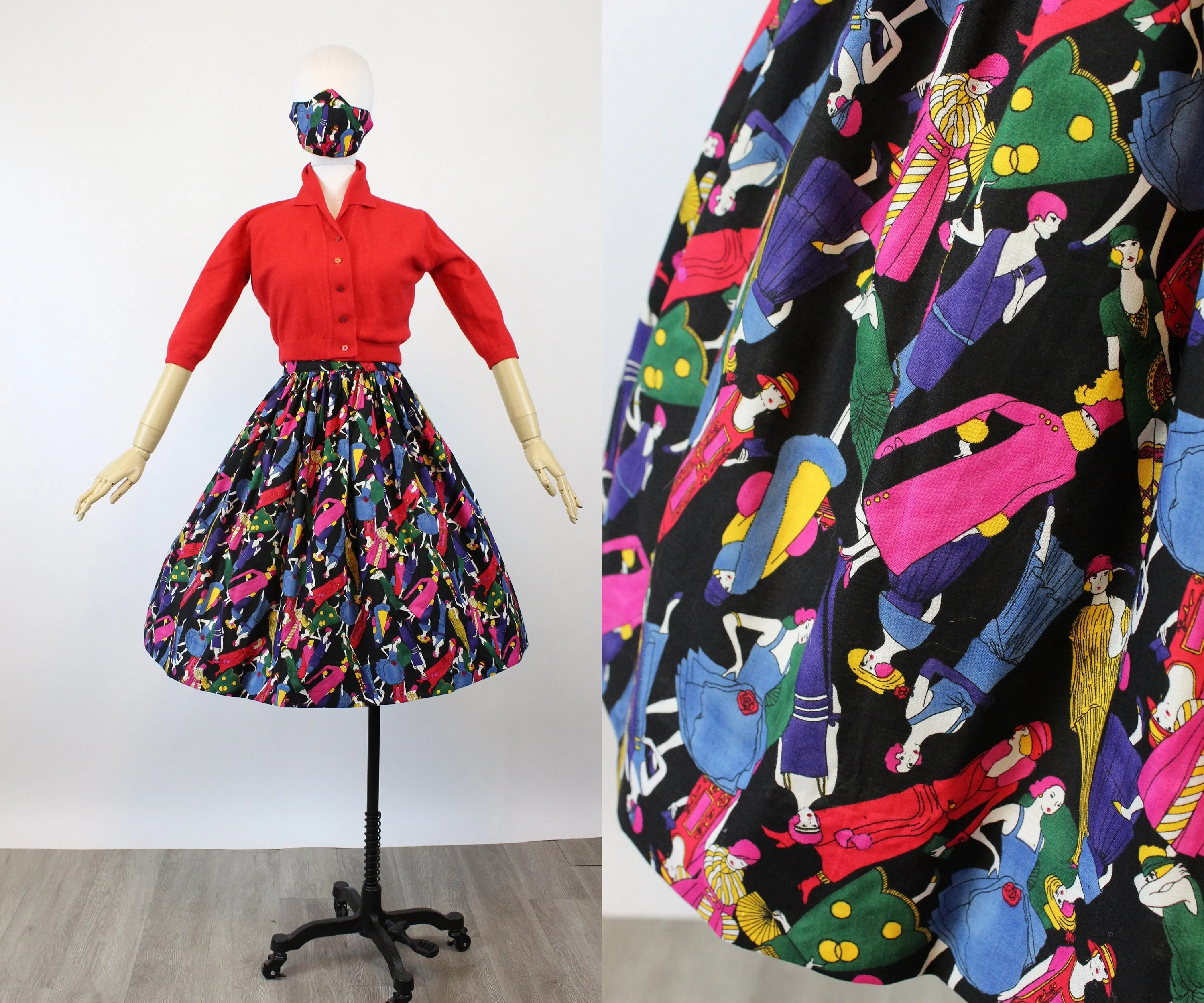 1960s FASHION FIGURES fabric art deco novelty print skirt xs | new spring summer