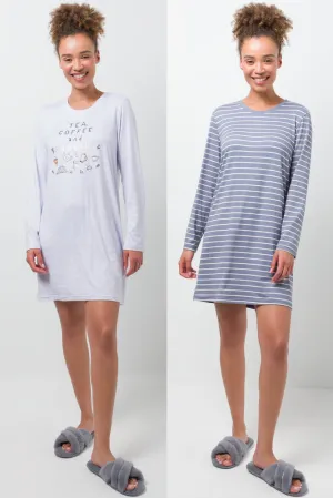 2 Pack Tea Coffee And Snoozes Sleepshirts Grey And Blue