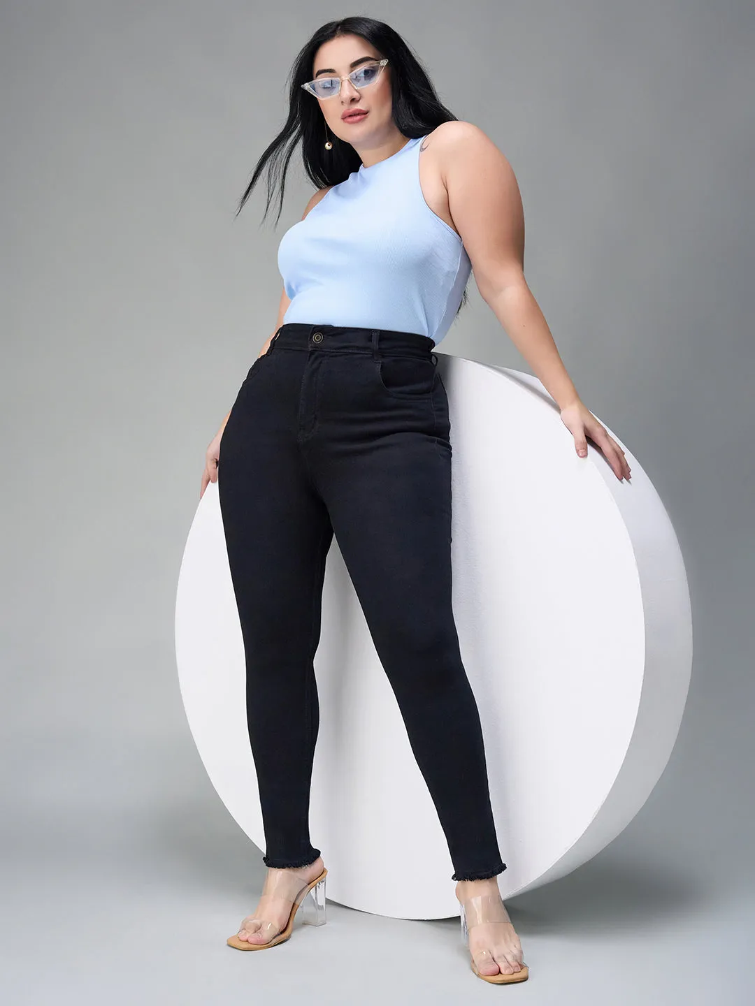 24/7 Comfort Black Skinny Fringed Detailing High-Rise Solid Cropped Stretchable Denim Jeans