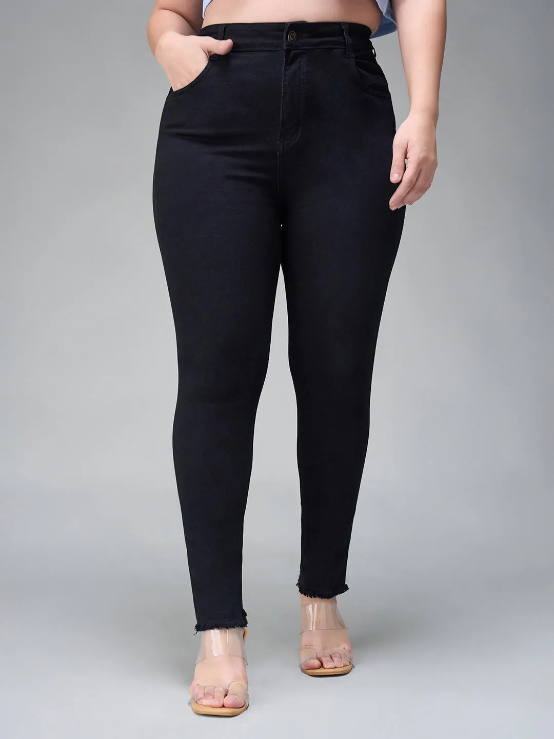 24/7 Comfort Black Skinny Fringed Detailing High-Rise Solid Cropped Stretchable Denim Jeans