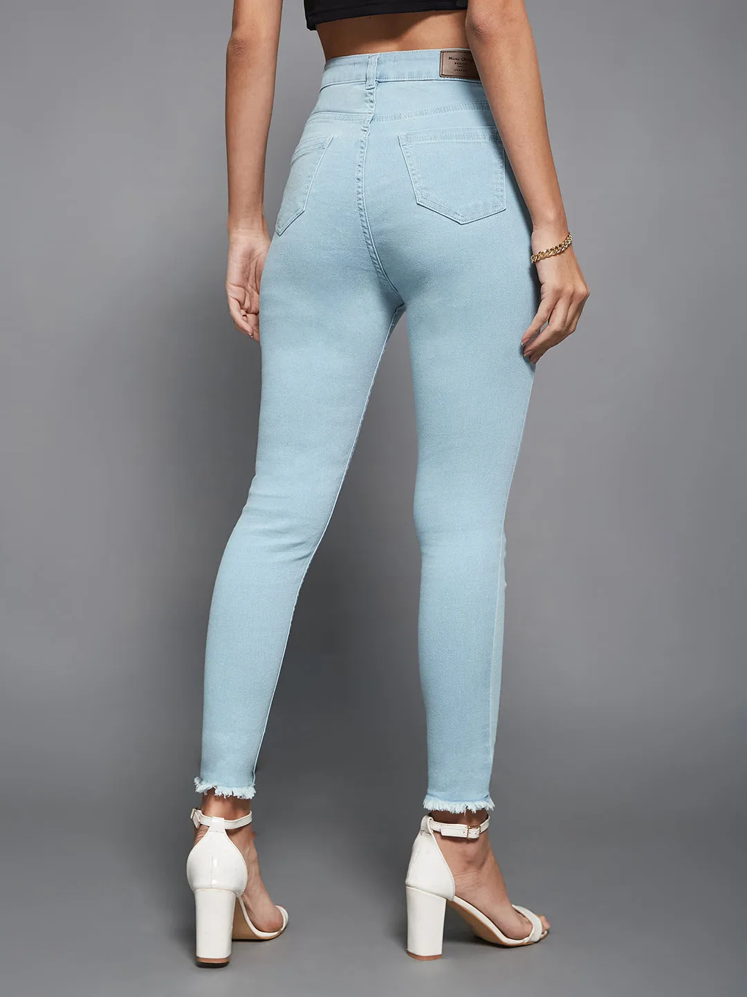 24/7 Comfort Light Blue Skinny High-Rise Fringed Hemline Cropped Acid Wash Solid Stretchable Denim Jeans