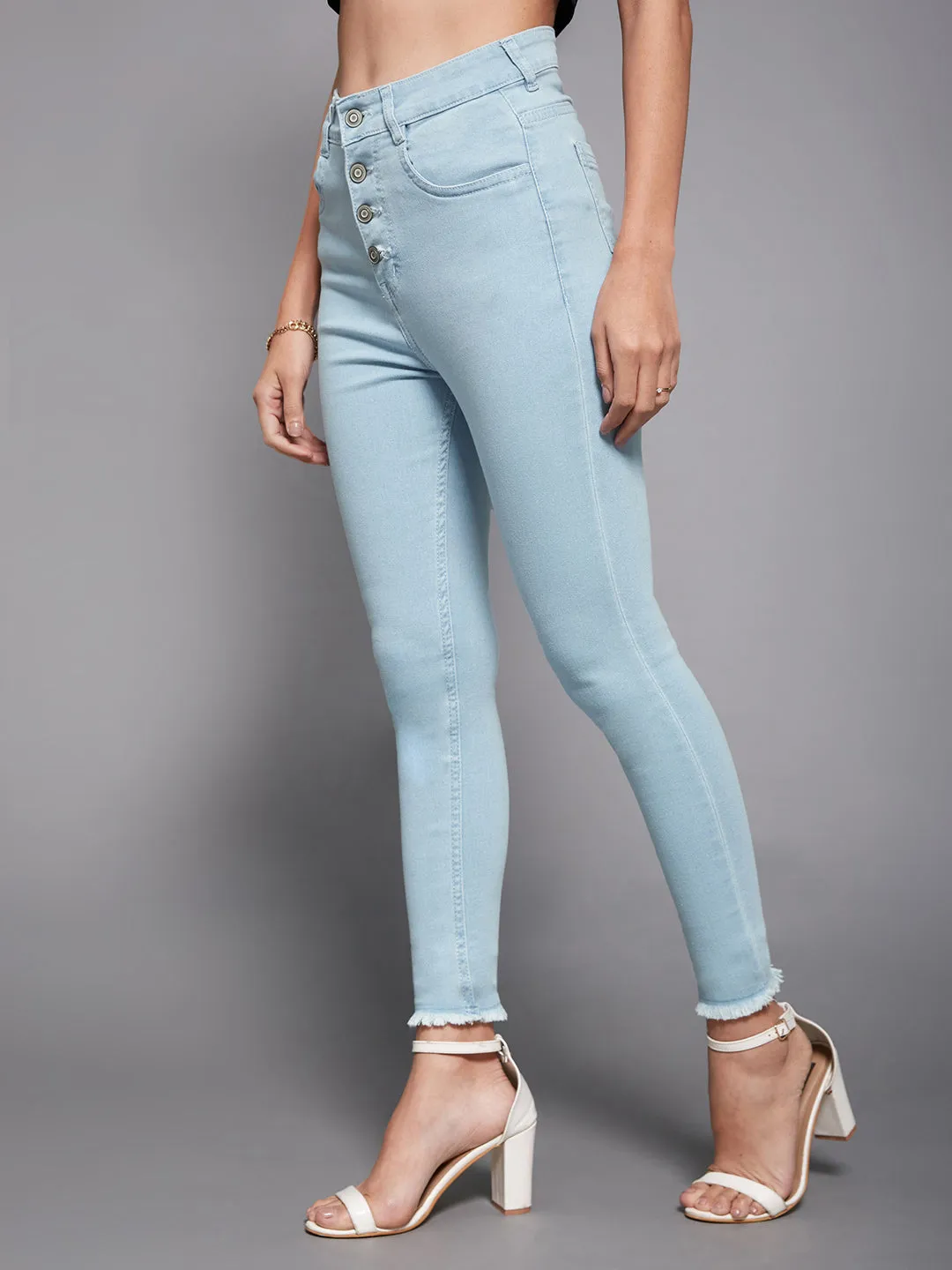 24/7 Comfort Light Blue Skinny High-Rise Fringed Hemline Cropped Acid Wash Solid Stretchable Denim Jeans