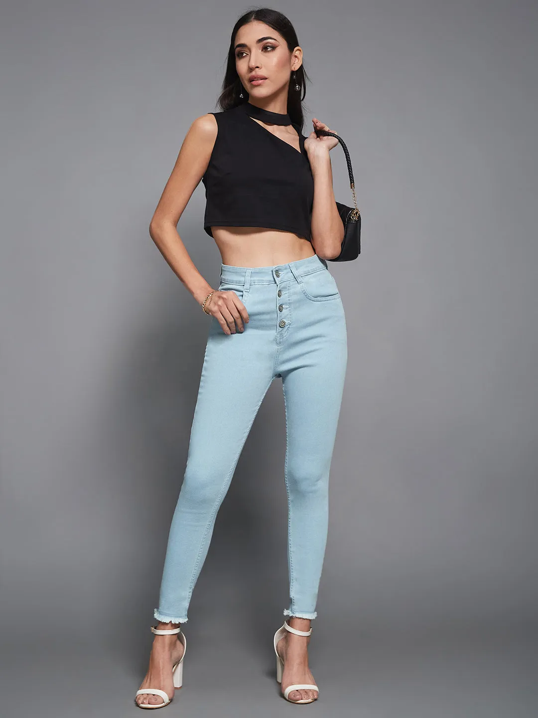 24/7 Comfort Light Blue Skinny High-Rise Fringed Hemline Cropped Acid Wash Solid Stretchable Denim Jeans