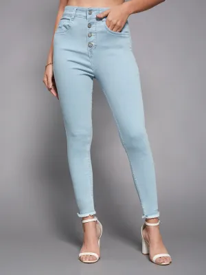 24/7 Comfort Light Blue Skinny High-Rise Fringed Hemline Cropped Acid Wash Solid Stretchable Denim Jeans