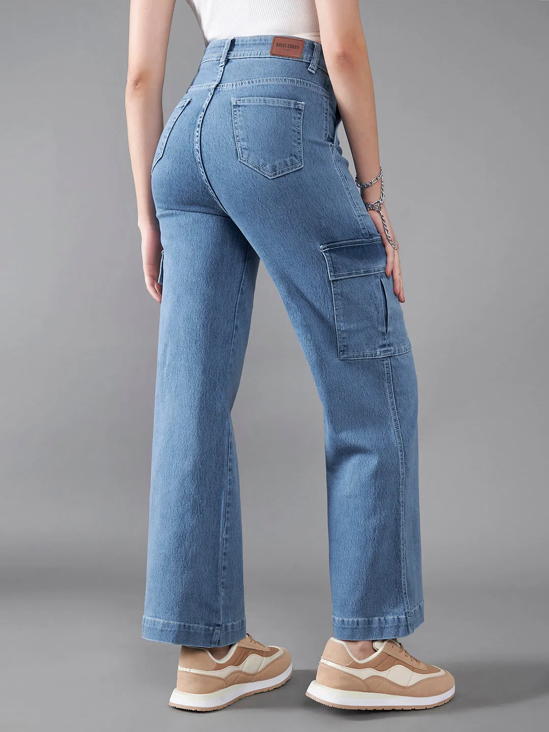 24/7 Comfort Mid-Blue Wide-Leg High-Rise Stretchable Denim Jeans