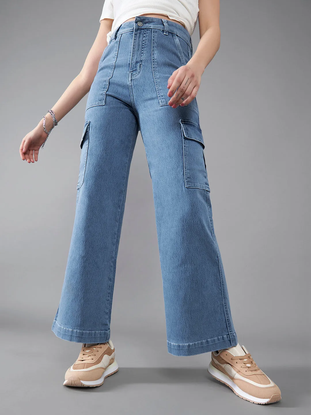24/7 Comfort Mid-Blue Wide-Leg High-Rise Stretchable Denim Jeans