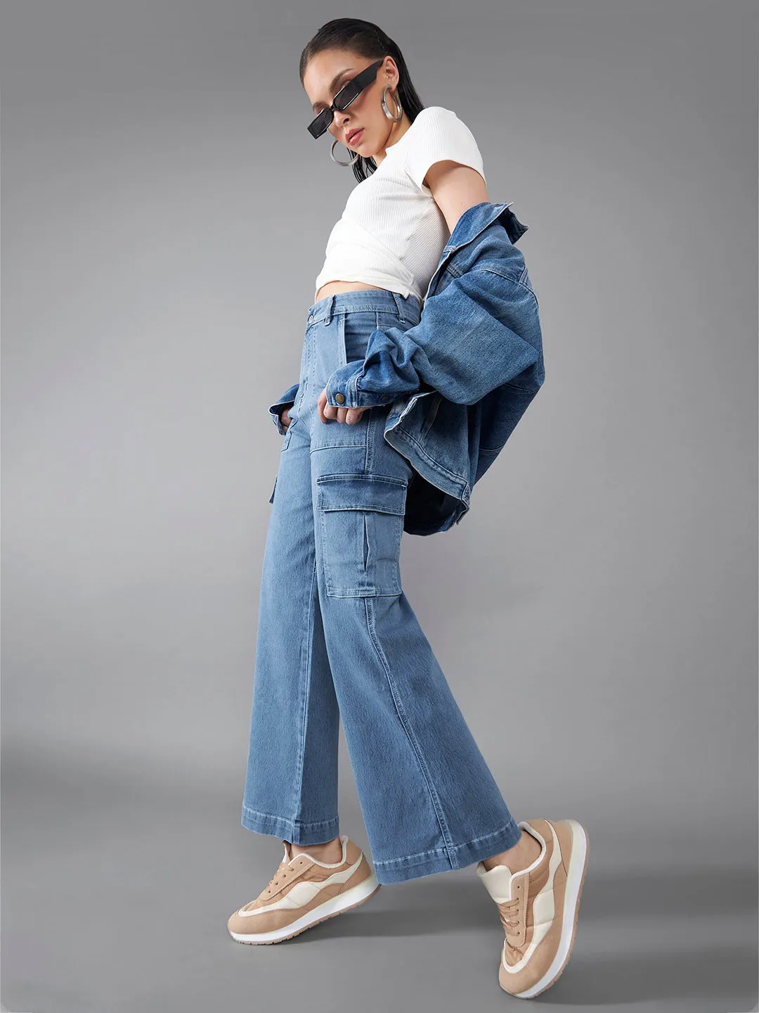 24/7 Comfort Mid-Blue Wide-Leg High-Rise Stretchable Denim Jeans