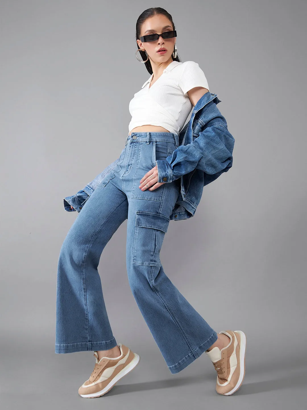 24/7 Comfort Mid-Blue Wide-Leg High-Rise Stretchable Denim Jeans