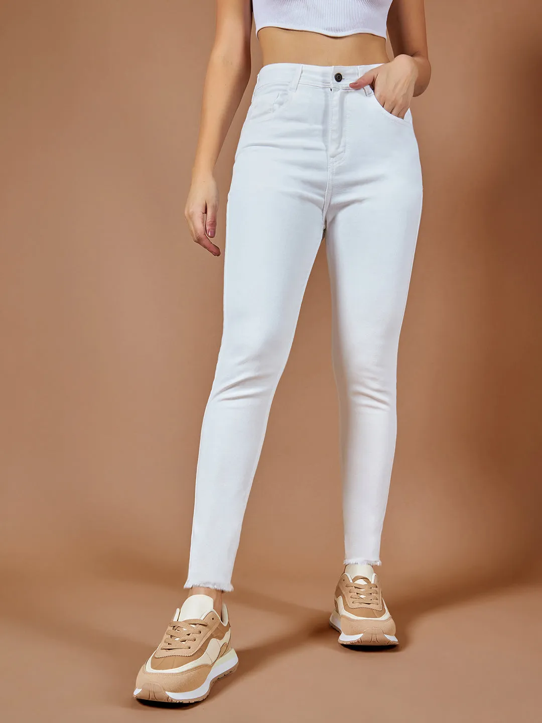 24/7 Comfort White Skinny-Fit High-Rise Cropped Raw Edge Detailing Stretchable Denim Jeans