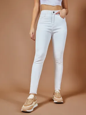 24/7 Comfort White Skinny-Fit High-Rise Cropped Raw Edge Detailing Stretchable Denim Jeans
