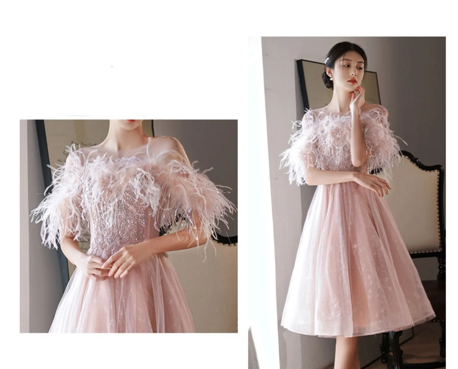 A Niche High-end French Style Feather Evening Dress For Women