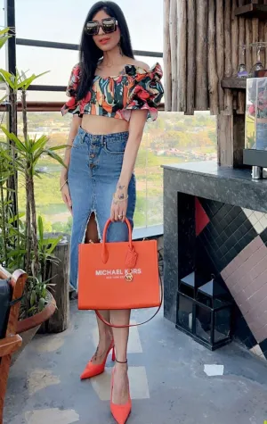 Abstract Print Ruffle Puff Sleeve Crop Top