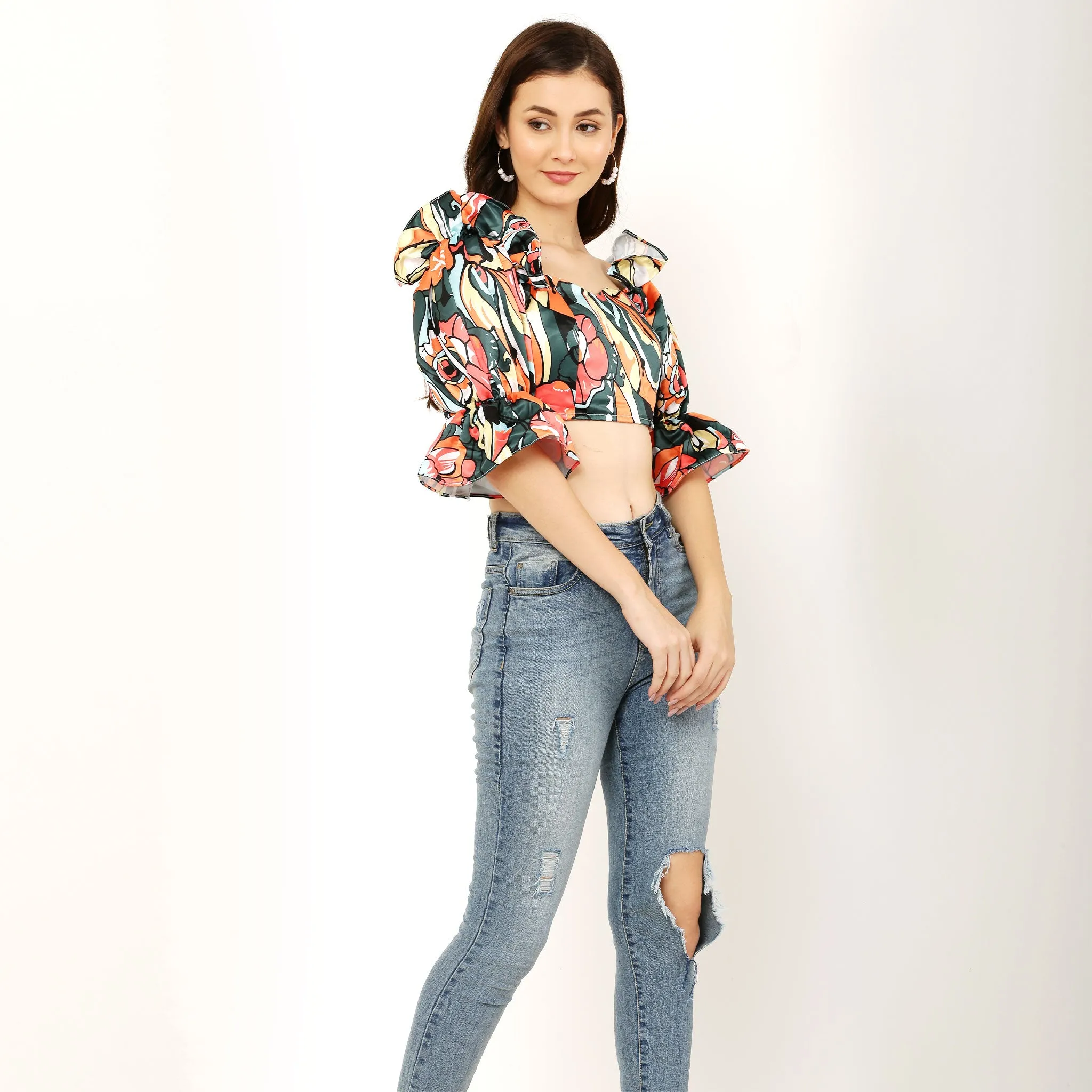Abstract Print Ruffle Puff Sleeve Crop Top