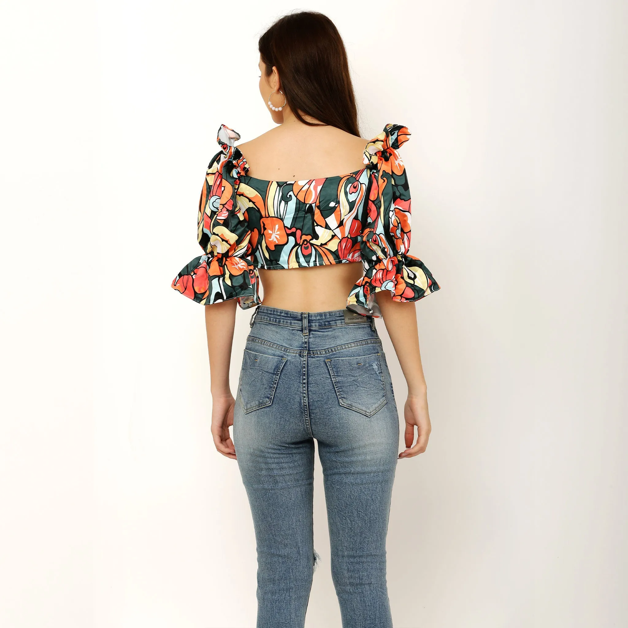 Abstract Print Ruffle Puff Sleeve Crop Top