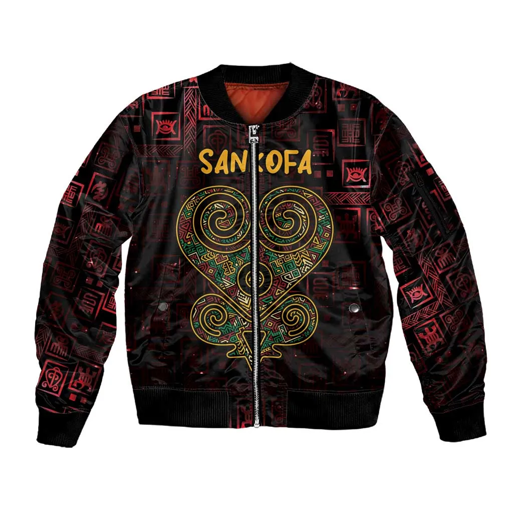 Afro-American Culture Sleeve Zip Bomber Jacket Adinkra Sankofa Heart - Cosmic Red LT7
