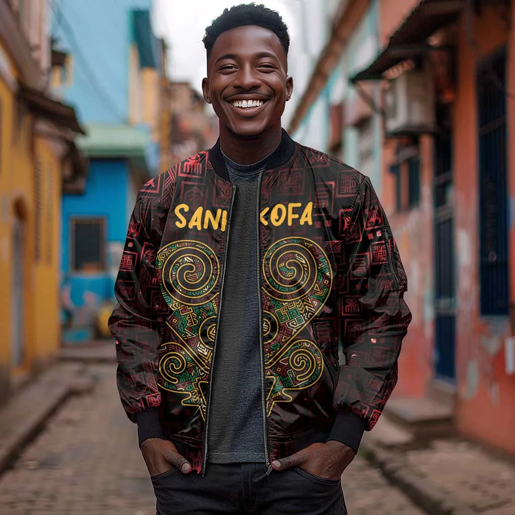 Afro-American Culture Sleeve Zip Bomber Jacket Adinkra Sankofa Heart - Cosmic Red LT7