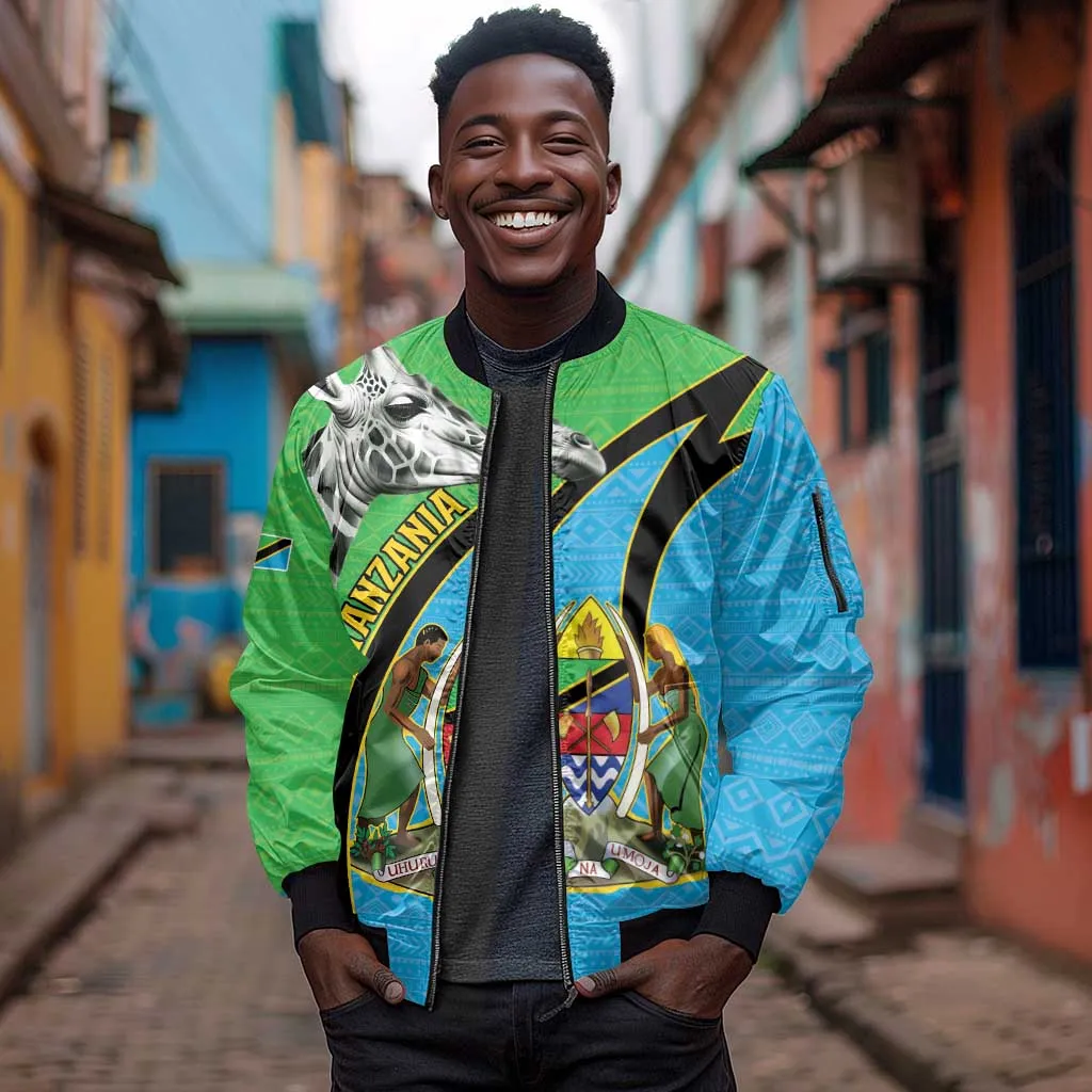 Afro Tanzania Giraffe Sleeve Zip Bomber Jacket Coat Of Arms Curve Style LT15