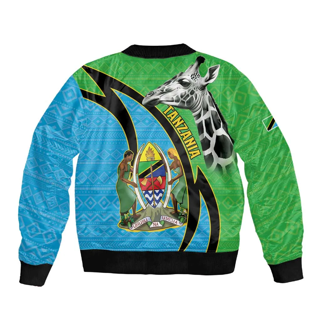 Afro Tanzania Giraffe Sleeve Zip Bomber Jacket Coat Of Arms Curve Style LT15