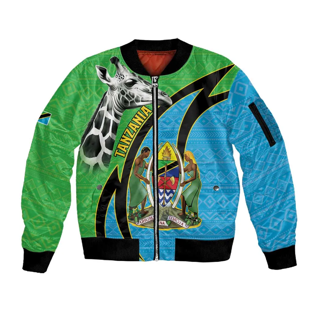 Afro Tanzania Giraffe Sleeve Zip Bomber Jacket Coat Of Arms Curve Style LT15