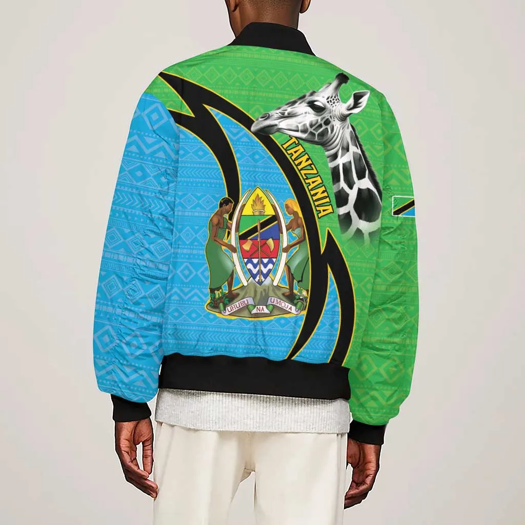 Afro Tanzania Giraffe Sleeve Zip Bomber Jacket Coat Of Arms Curve Style LT15