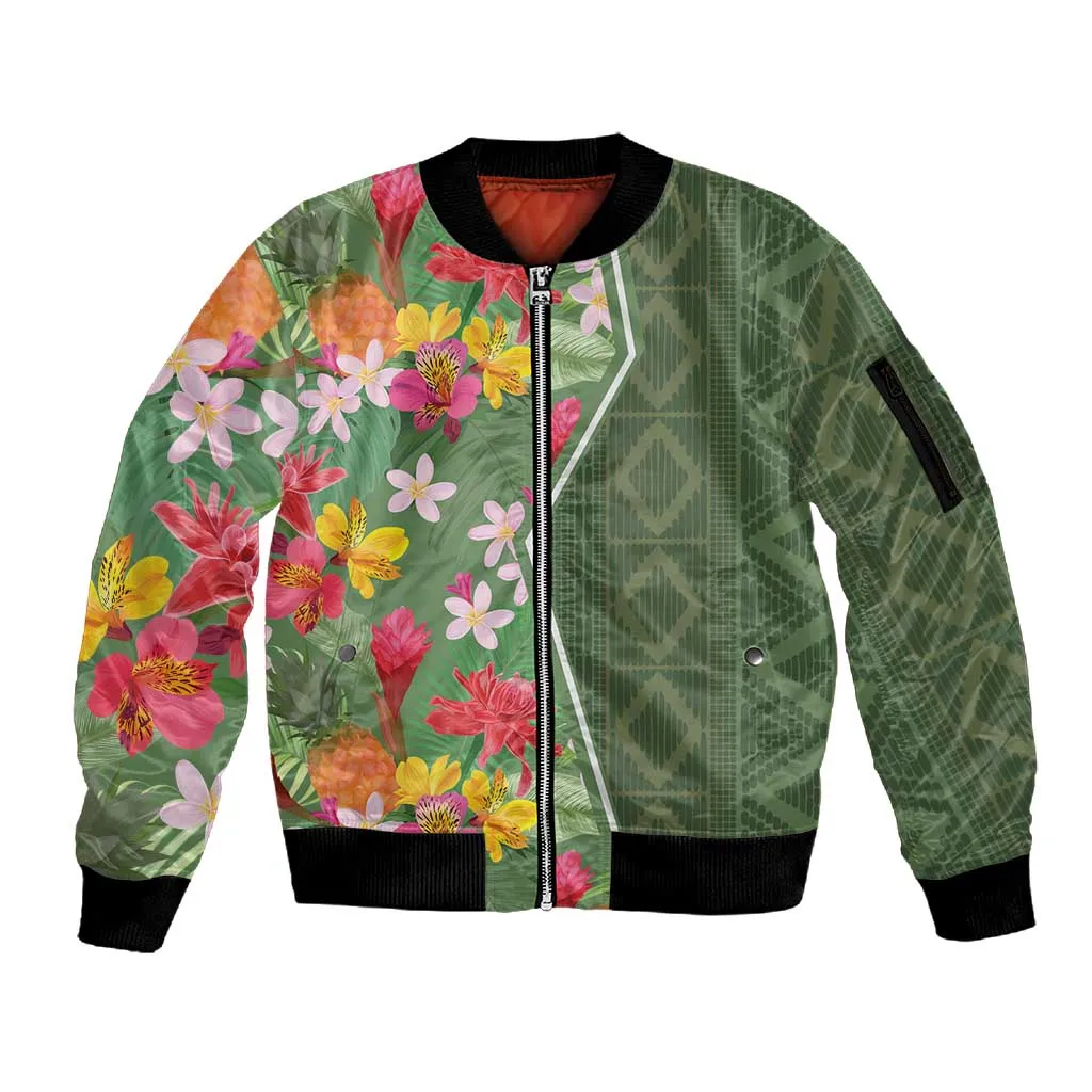 Afro Tropical Flowers Sleeve Zip Bomber Jacket Green Version LT18