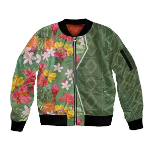 Afro Tropical Flowers Sleeve Zip Bomber Jacket Green Version LT18