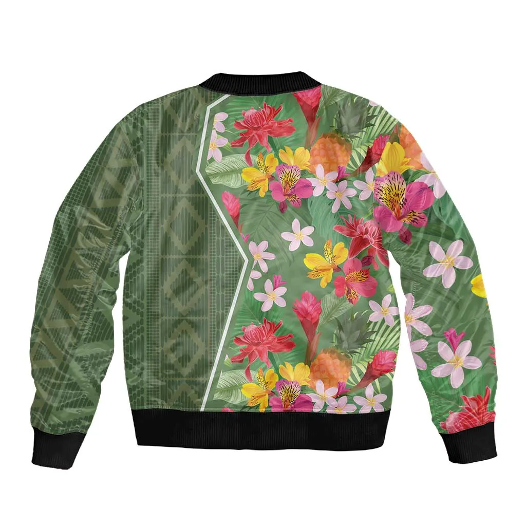 Afro Tropical Flowers Sleeve Zip Bomber Jacket Green Version LT18