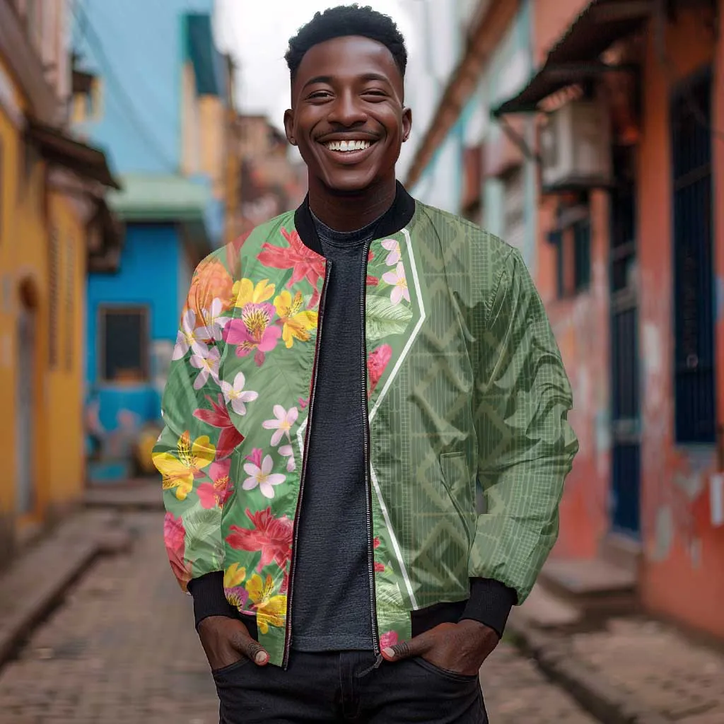 Afro Tropical Flowers Sleeve Zip Bomber Jacket Green Version LT18