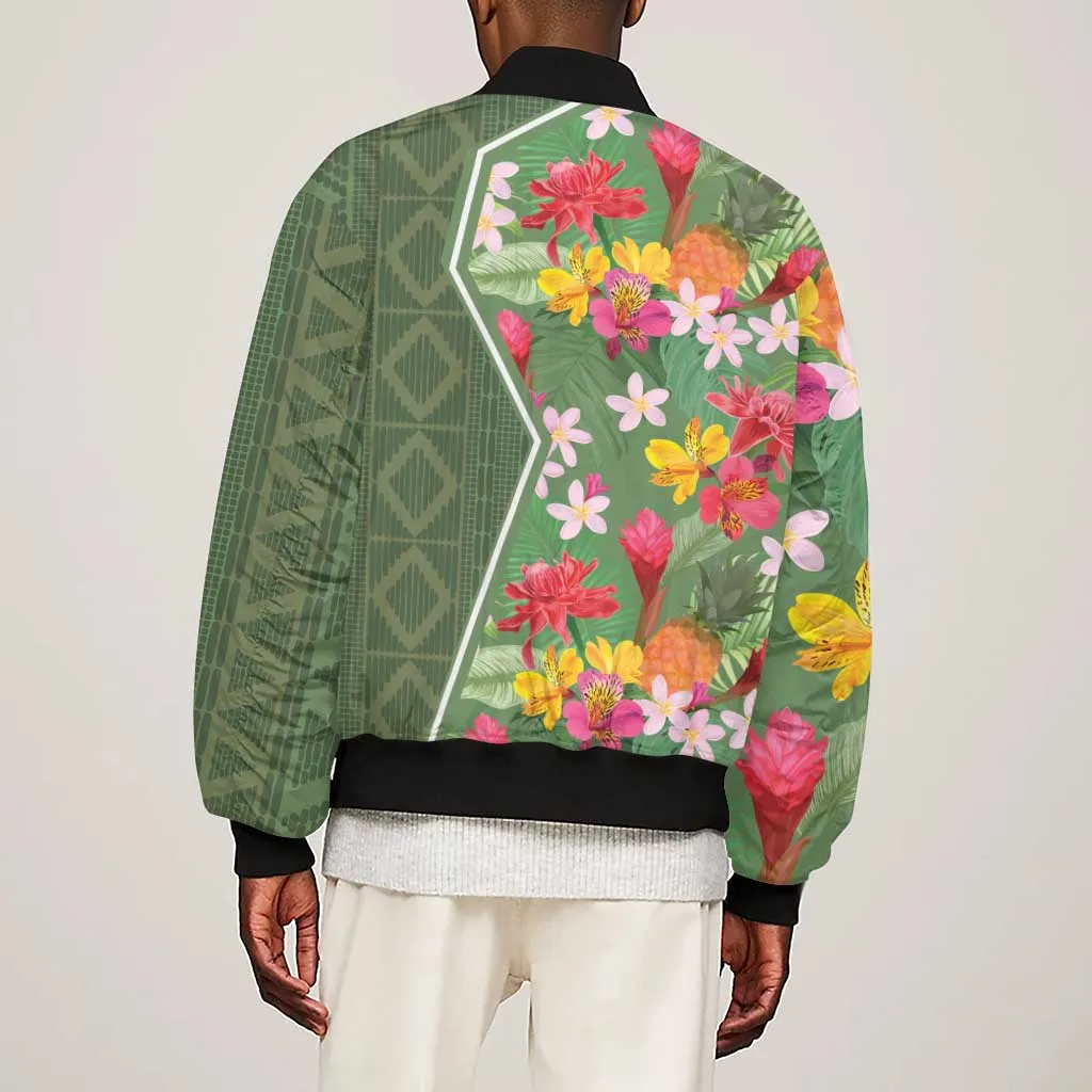 Afro Tropical Flowers Sleeve Zip Bomber Jacket Green Version LT18