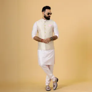 Alluring Beige Brocade silk Half Jodhpuri Jacket with Soft Pink Kurta-Pajama for Men