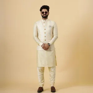 Alluring Cream Zigzag Pattern Embroidered Silk Half Jodhpuri Jacket with Cream Kurta-Pajama for Men