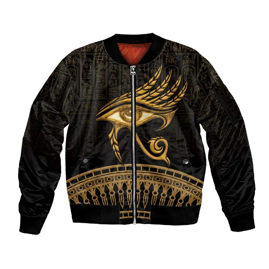 Ancient Egypt Gold Intricate Sleeve Zip Bomber Jacket Eye of Horus LT7