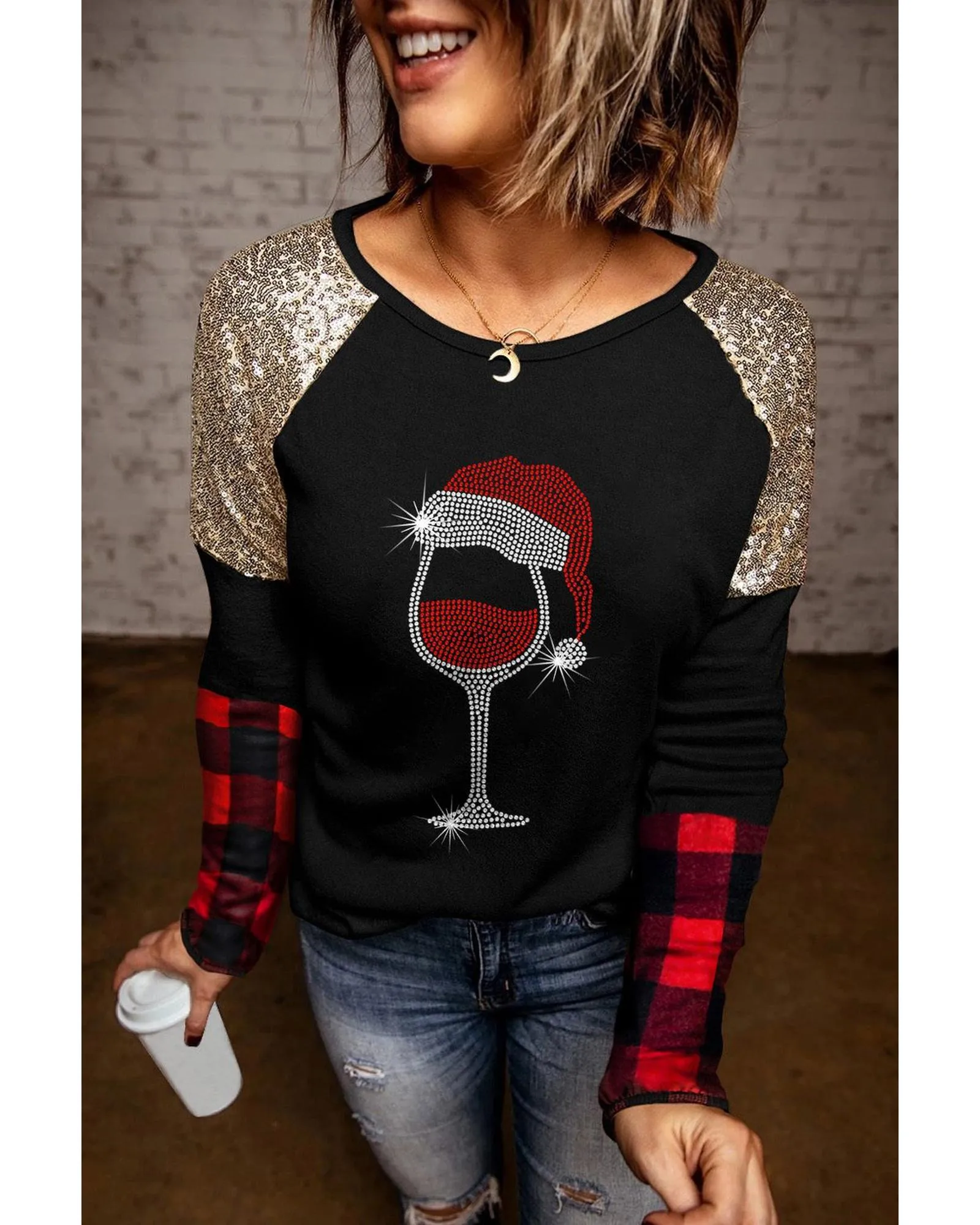 Azura Exchange Glass Print Sequin Plaid Patchwork Top - M
