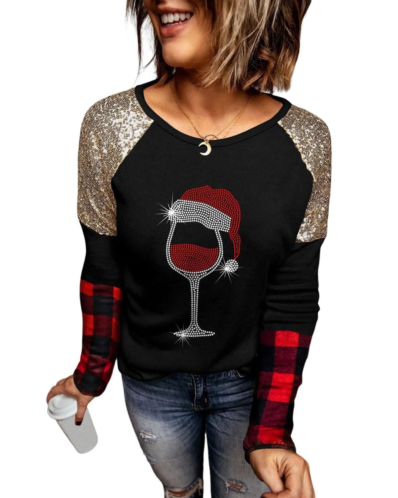 Azura Exchange Glass Print Sequin Plaid Patchwork Top - M