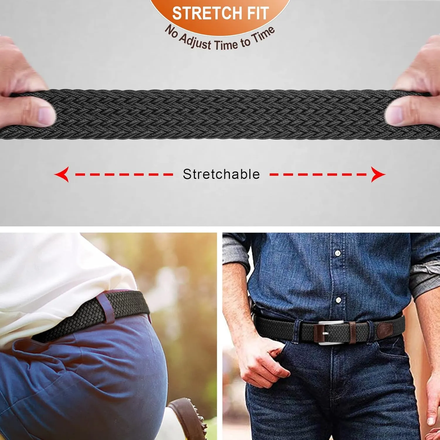 Belt for Men 2Pack, Mens Stretch Braided Belt 1 3/8"