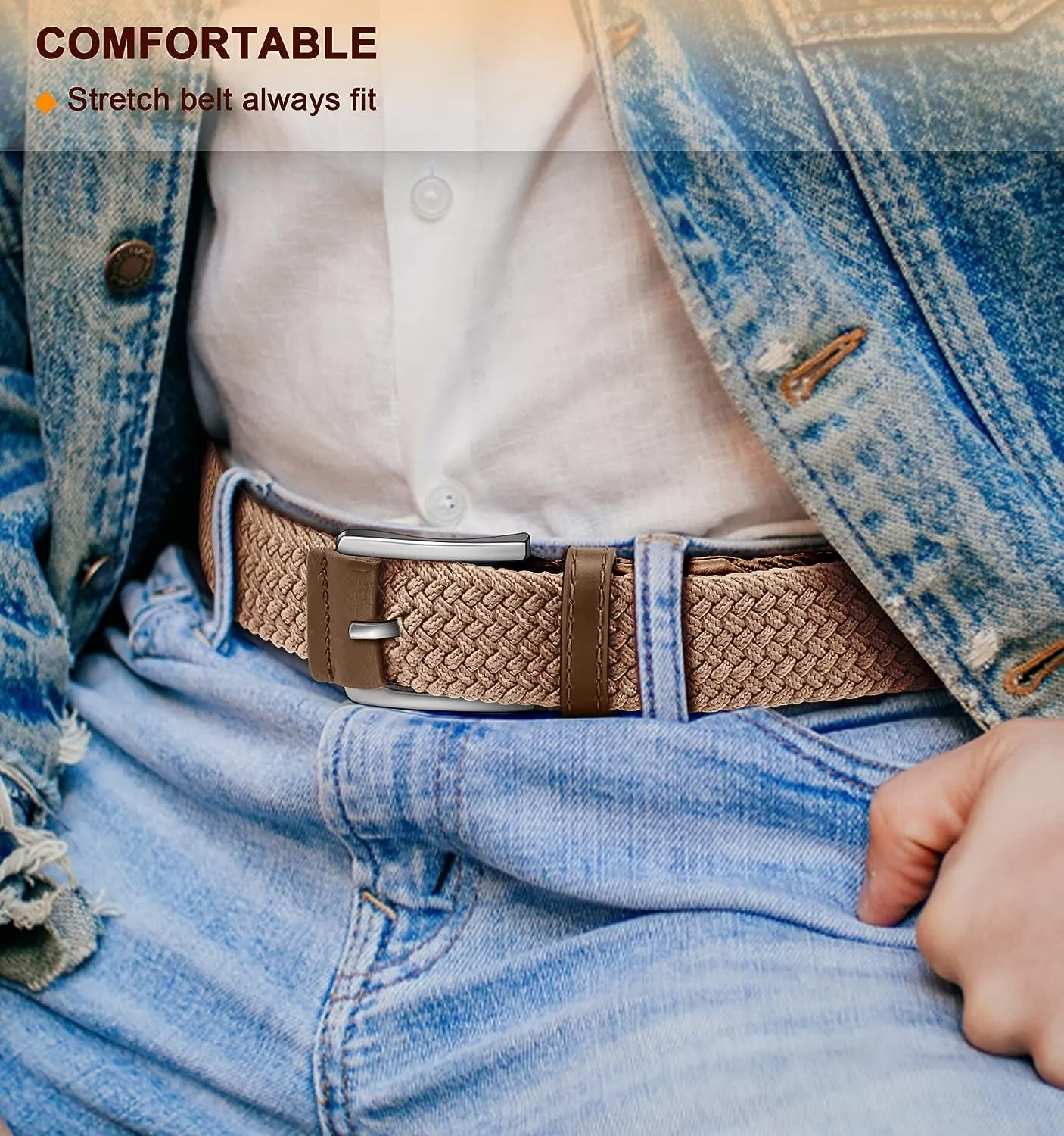 Belt for Men 2Pack, Mens Stretch Braided Belt 1 3/8"