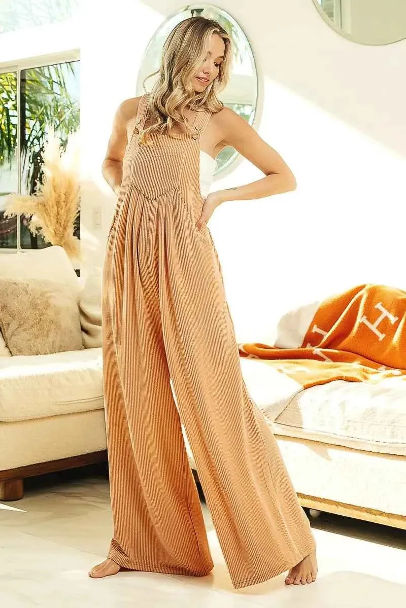 BiBi Ribbed Wide Leg Overalls - Textured Comfort and Style