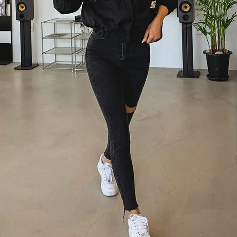 Black High Waist Ripped Skinny Jeans