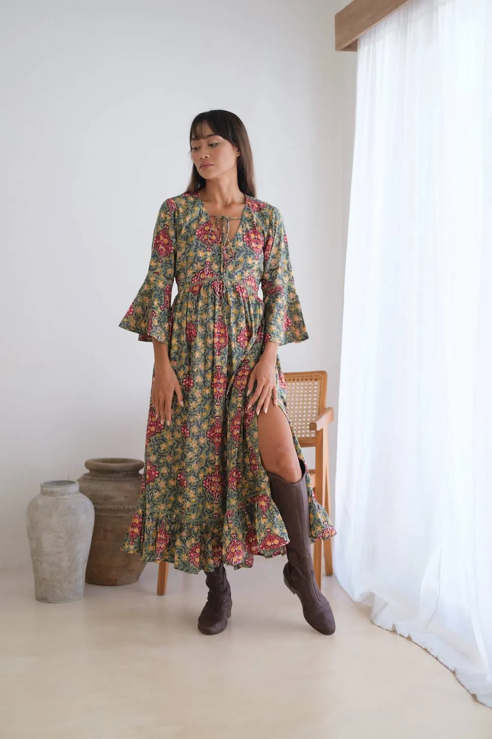 Block Printed Flare Sleeve Maxi Dress with Lace