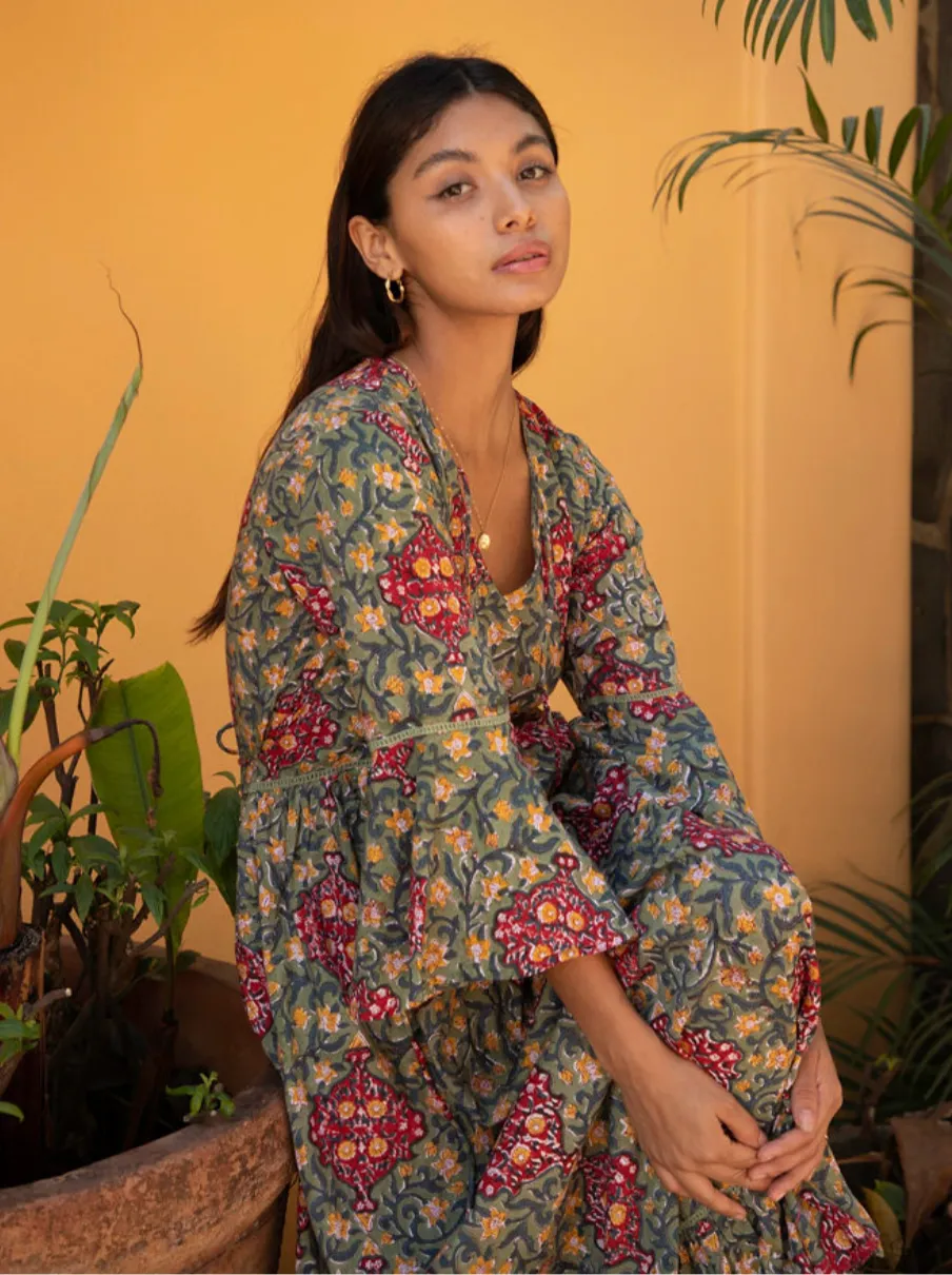 Block Printed Flare Sleeve Maxi Dress with Lace