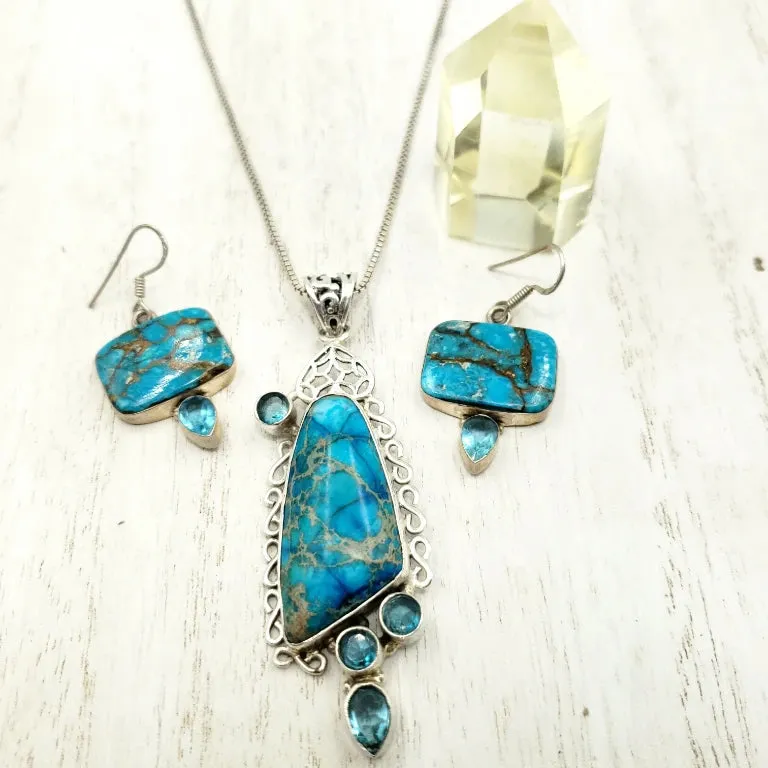 Blue Apatite Necklace & Earring Jewelry Set Sterling Silver