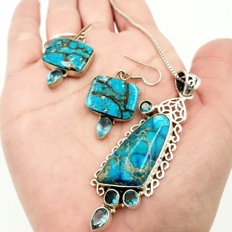 Blue Apatite Necklace & Earring Jewelry Set Sterling Silver