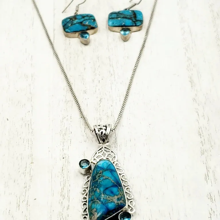 Blue Apatite Necklace & Earring Jewelry Set Sterling Silver