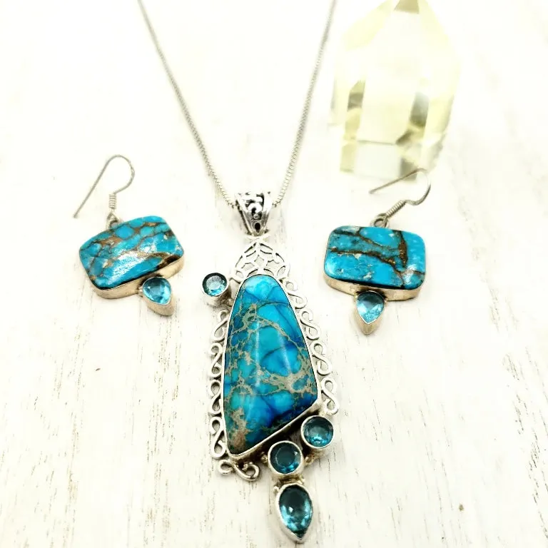 Blue Apatite Necklace & Earring Jewelry Set Sterling Silver