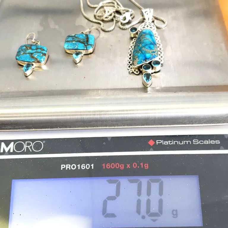 Blue Apatite Necklace & Earring Jewelry Set Sterling Silver
